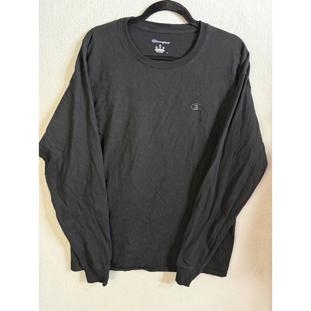 Champion Tee Shirt Long Sleeve Men's XL Black Crew Neck Classic Logo Casual